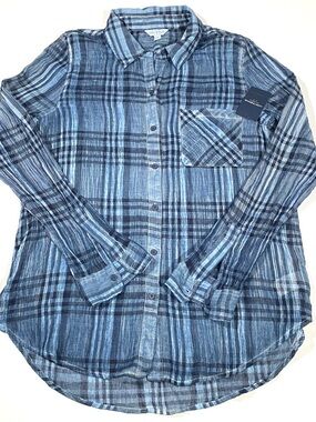 Lucky Brand Button Down Shirt Lightweight Blue Plaid Womens M Sheer Academia NWT